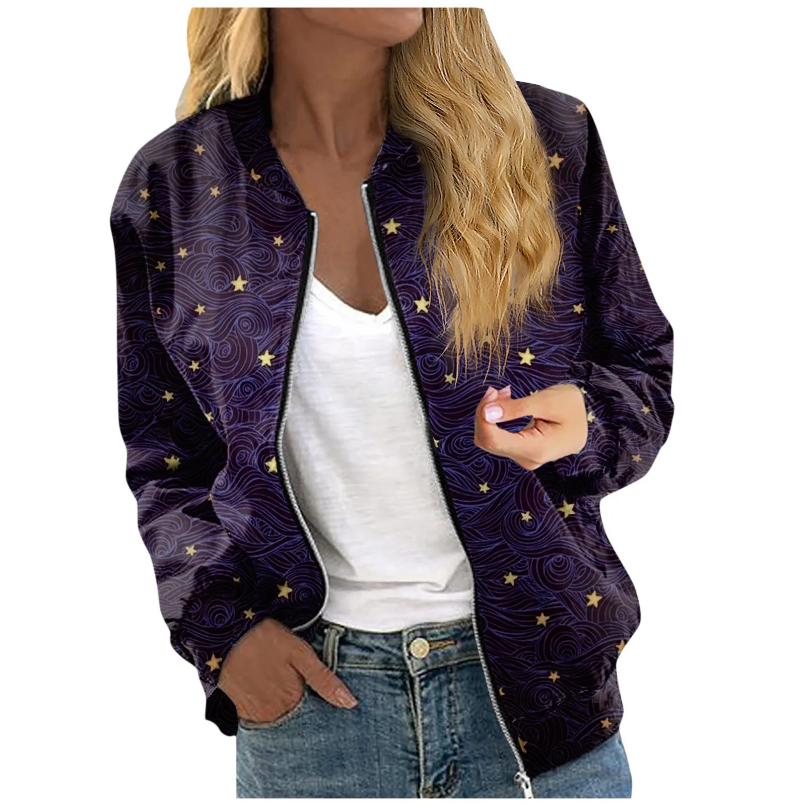 

Jackets For Women Long Sleeve Lightweight Zip Up Cropped Vintage Print Outerwear Casual Quilted Jackets Whith Pockets Classic