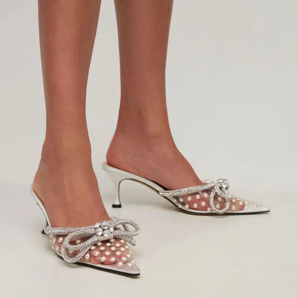 

Европейский и американский стиль, новинка 2022, прозрачные сандалии с бантом и острым носком, женские тапочки с острым носком