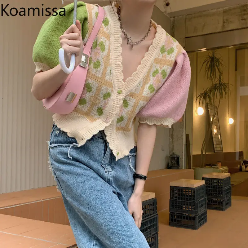 

Женская трикотажная рубашка Koamissa, с коротким рукавом и V-образным вырезом, Свободный кардиган в Корейском стиле, весенний сезон 2022