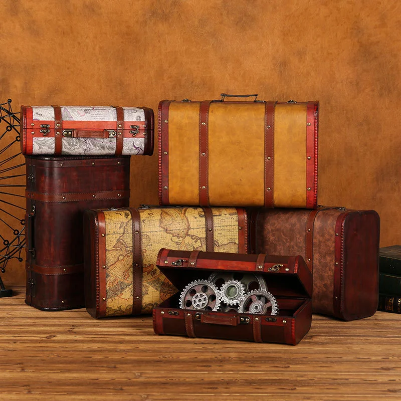 

European style wooden suitcase antique ornaments storage box window ornaments old-fashioned suitcase photography props