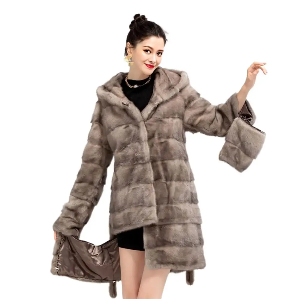 Luxury Real Mink Fur Coat Women With Hood Hem Sleeve Detachable Soft Warm Long Winter Women Real Fur Coat casaco capuz feminino