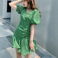 niggeey puff sleeve mini dress women green elegant v neck floral beach dress french style chiffon summer dress ruffles vestido