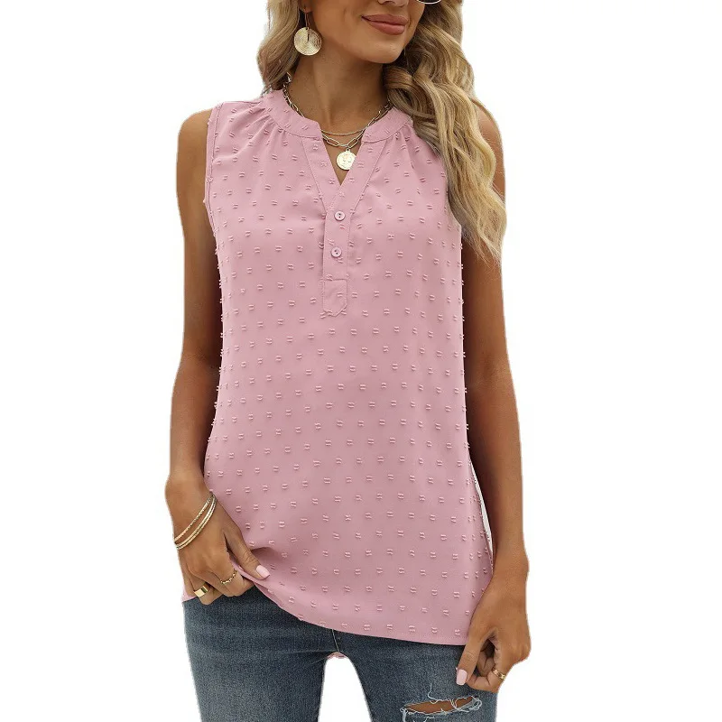 

Женская рубашка-блуза на пуговицах, летняя однотонная шифоновая рубашка, свободный жаккардовый Повседневный женский топ без рукавов с V-обр...