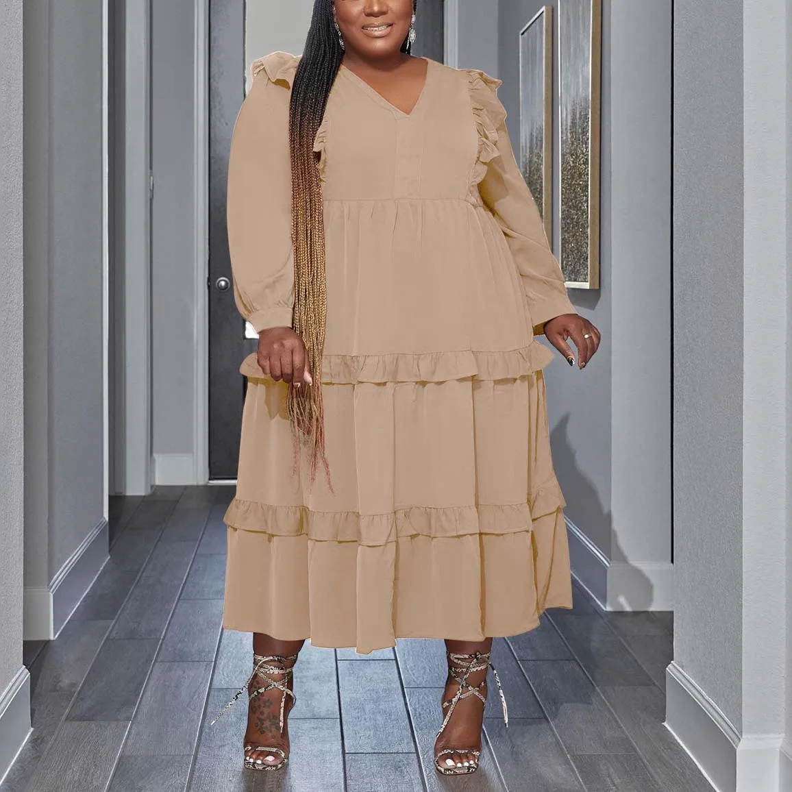 Plus Size Dresses for Women 3XL 4XL Loose Full Sleeve Solid Pullovers Mid Calf Elegant Evening Party Dinner Vestidos Mujer Dress
