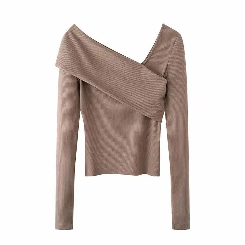 

Женские короткие топы цвета хаки, Весенняя новинка, футболка с косым воротником и длинными рукавами, женская элегантная облегающая однотон...