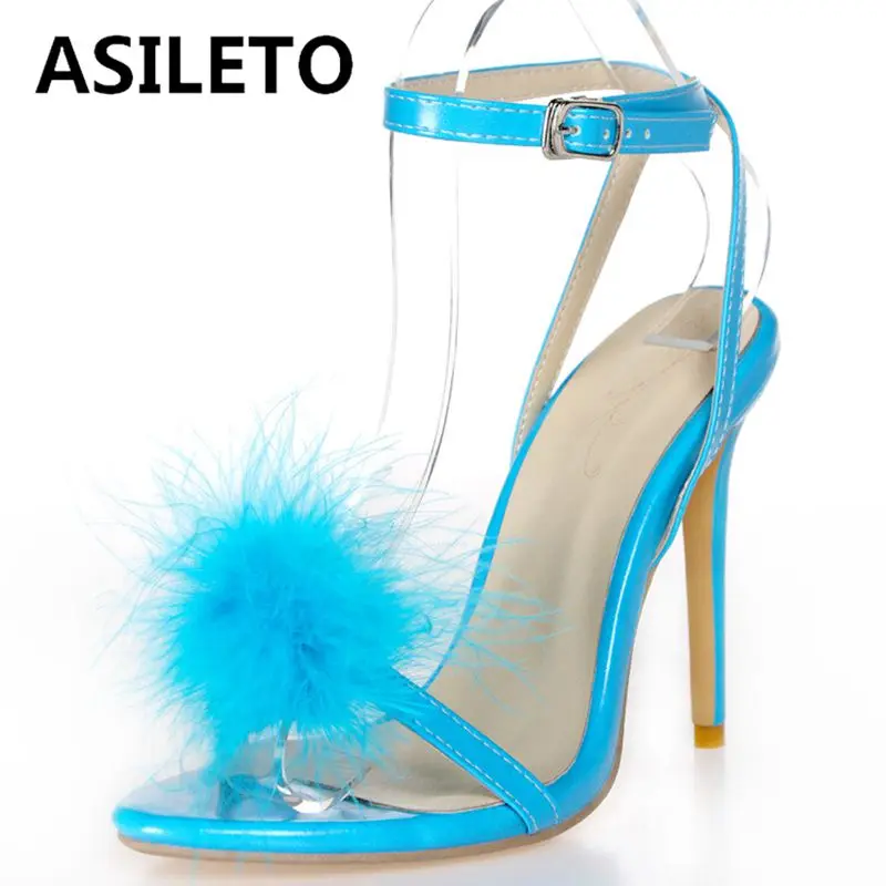 

Женские босоножки ASILETO с открытым носком, 12 см, высокий каблук, пряжка, ремешки, пушистая вечеринка, большой размер 35-43, белый, черный, сексуал...