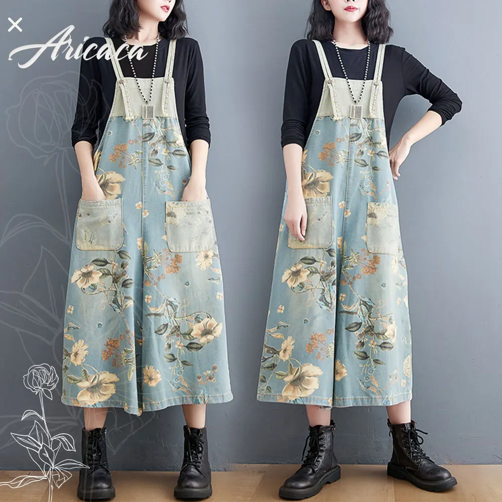 

Aricaca Women M-2XL Jumpsuits Spring Autumn Denim Overalls Personality Flower Printed Pants Women Long Pants