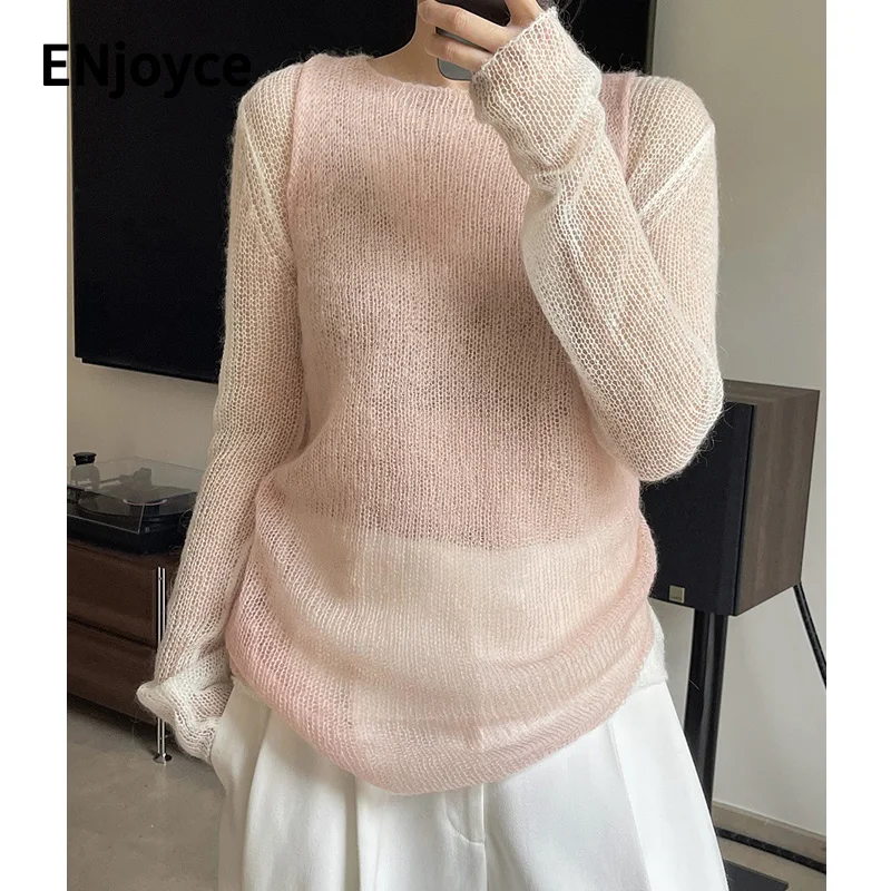 

Women 2023 Spring Slightly Transparent Mohair Wool Sweater Female Korean Soft Slim Fold Vest Two-Piece Suit Knitted Pullovers