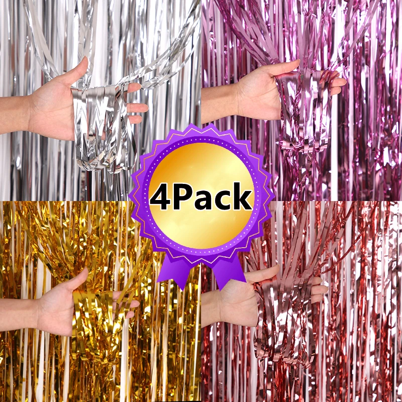 New 4/2/1Pack Party Backdrop Metallic Foil Fringe Tinsel Curtain Adult Kids Birthday Party Wedding Decoration Baby Shower Favor