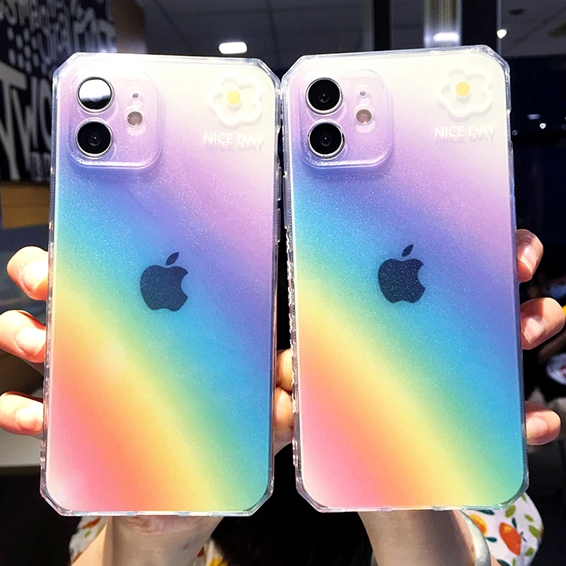 

Soft Rainbow Flowers Transparent Phone Case For iPhone 11 12 13 Pro Max XS X XR Max 7 8 Plus SE 2020 Bumper Back Cover