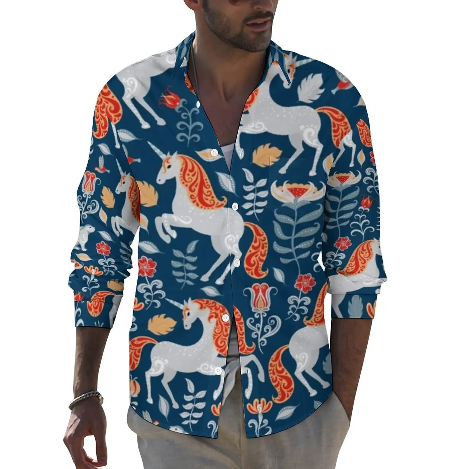 

Unicorn Print Shirt Man Ethnic Animal Casual Shirts Autumn Street Design Blouses Long Sleeve Vintage Oversize Top Gift