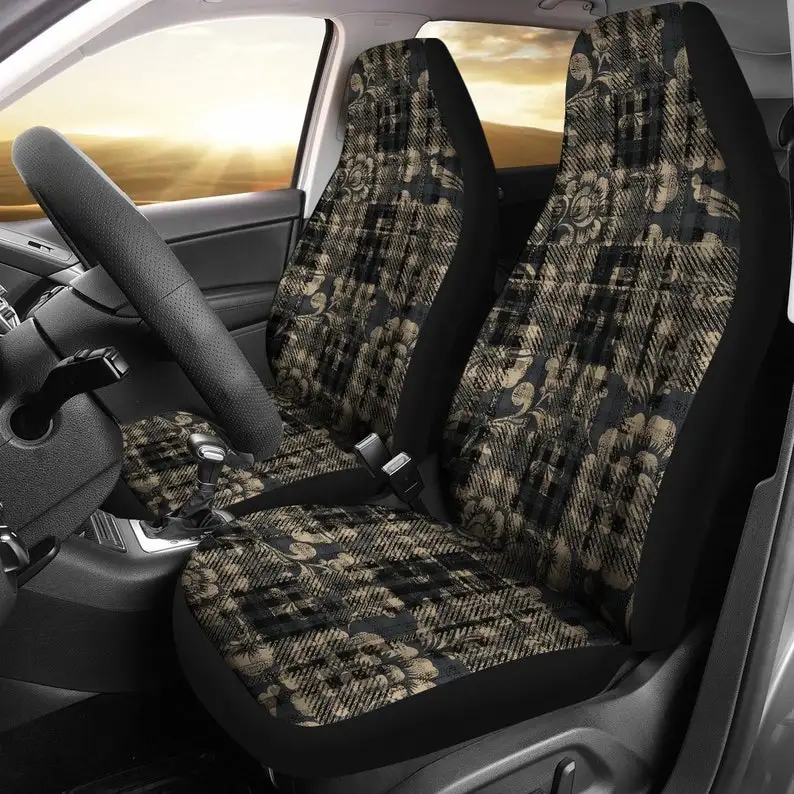 

Brown Beige Abstract Plaid Car Seat Covers Pair, 2 Front Seat Covers, Car Seat Protector, Car Accessories