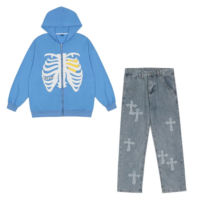 

Zipper Oversized Hoodies Retro Skull Print Streetwear Sweatshirt Women Winter Hip Hop Graffiti Unisex Zip Jacket Coat+Pants Set