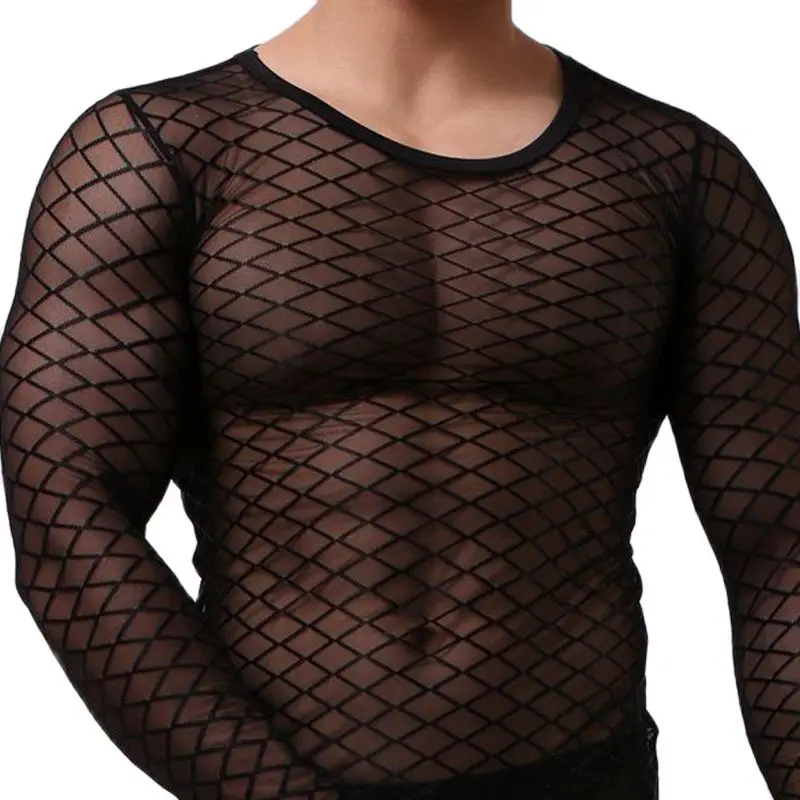 

CLEVER-MENMODE Mesh SleepWear Fishnet Tops Undershirt Mens Sexy Grid Transparent Sheer Stretch Thin Long Sleeve Sleep Erotic