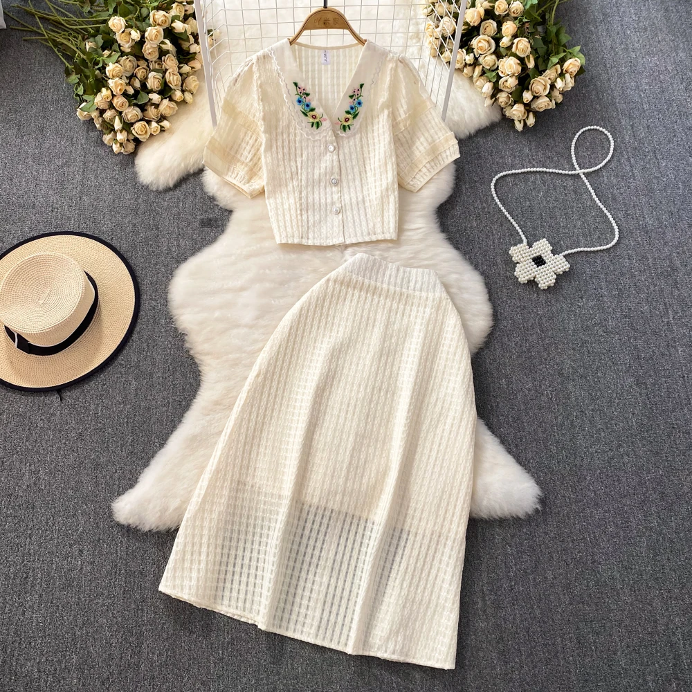 

Women Vintage Two Pieces Sets V-neck Single Breasted Top with Elegant Solid Full Skirt Korean Fashion T Shirt Summer Sets