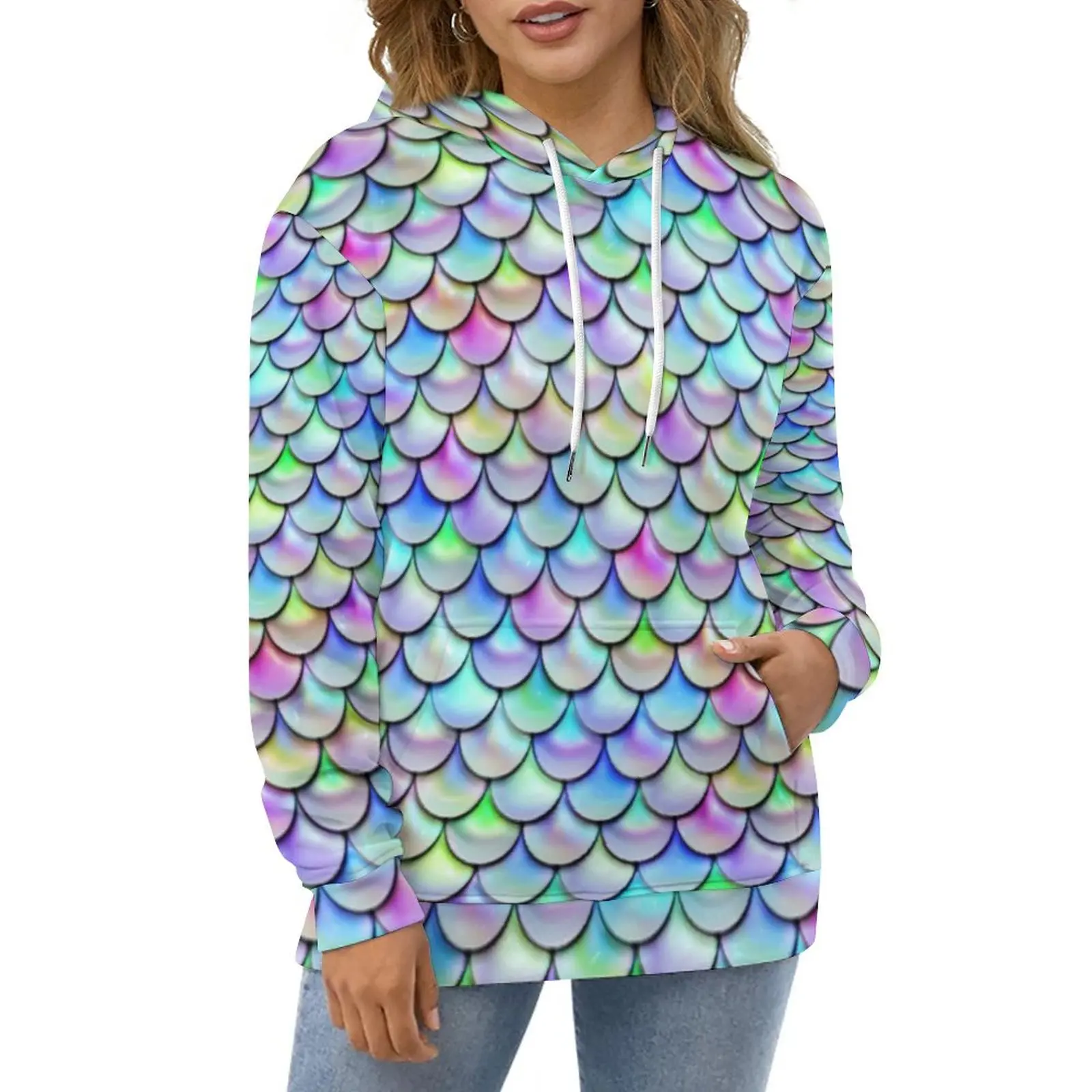 

Mermaid Scales Casual Hoodies Rainbow Bubble Print Design Loose Hoodie Long Sleeve Oversized Hooded Sweatshirts Birthday Gift