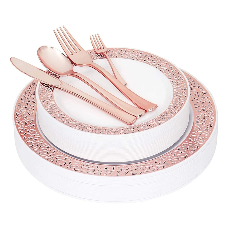 

BMDT-Plastic Plates, Disposable Plates, Dinnerware Sets Include Party Dinner Plates, Dessert Plates, Forks, Spoons