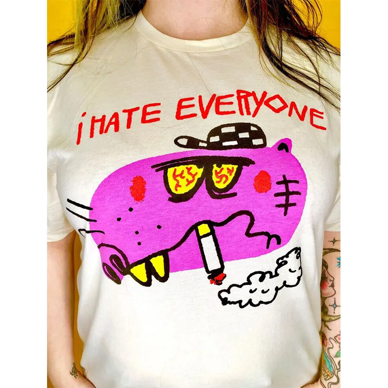 

Футболка хлопковая унисекс, Белый Свободный Топ с забавным мультяшным принтом и графическим принтом «I Hate All», Повседневная рубашка с коротким рукавом, на лето
