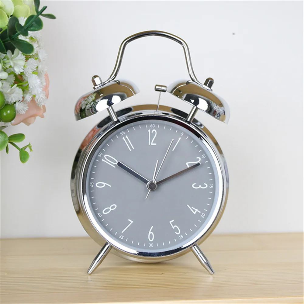 

4 Inch Metal Alarm Clock Silver Bedside Bell Home Backlit Mute Movement Needle Table Clocks Student Morning Get up Timepiece