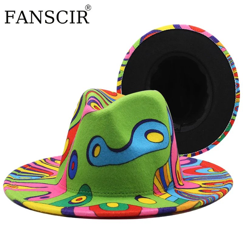 

Wide Brimmed Wool Hat Clown Graffiti Fedora Jazz Top Hat Women Fascinators For Weddings Cowboy Trilby Party Formal Dress Cap Men