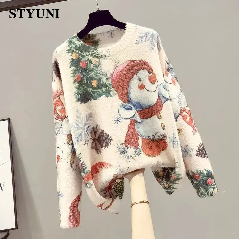 

Christmas Snowman High Street Acrylic Mink Knitted Women's Sweater Round Neck Long Sleeve Autumn Winter Pullover Female Jumpers