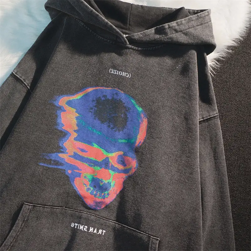 

New Hoodies Y2k High Street Retro Wash Old Skull Pattern HipHop Trend Sweatshirts Women Harajuku Women Coat Unisex Hoodie