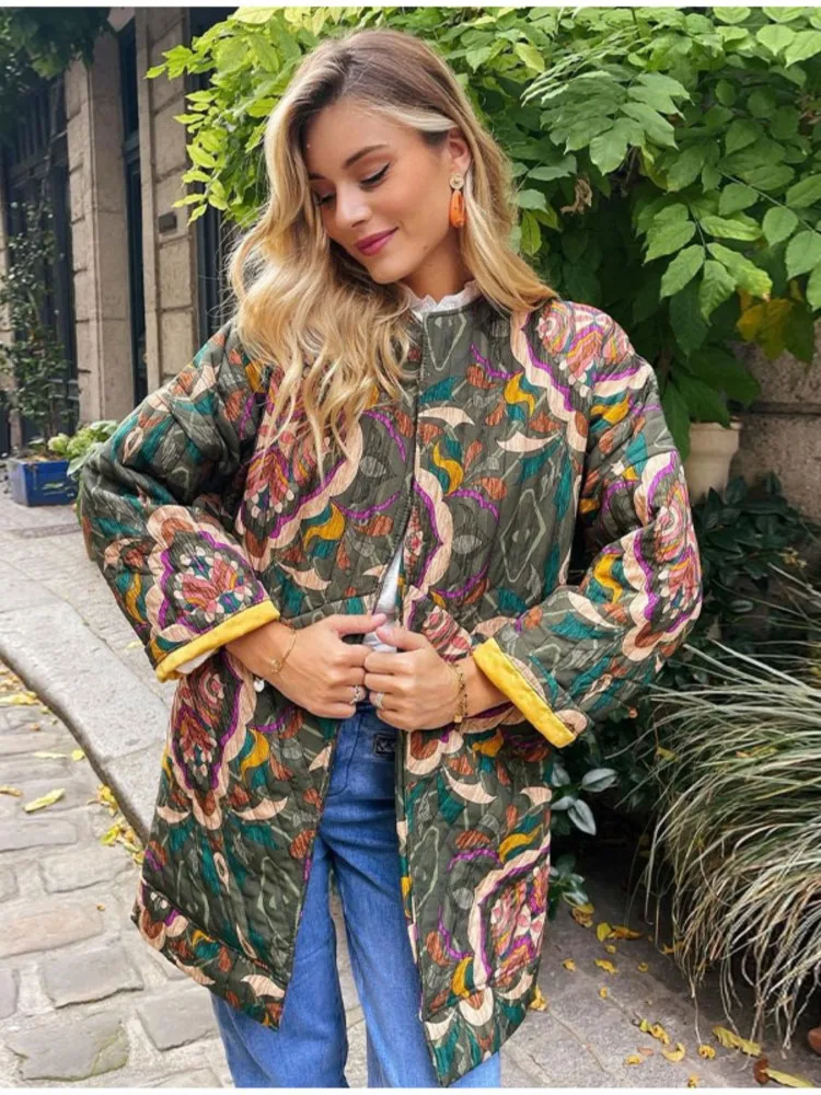 

Шикарное хлопковое пальто с принтом и О-образным вырезом, с двойными карманами, Женская Стеганая туника с длинным рукавом, плотная теплая верхняя одежда для улицы, 2023