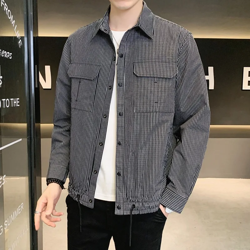 

2022 Spring New Men's Thin Striped Jacket Korean Fashion Lapel Casual Slim Fit Plaid Shirt Coats Male Brand Tops