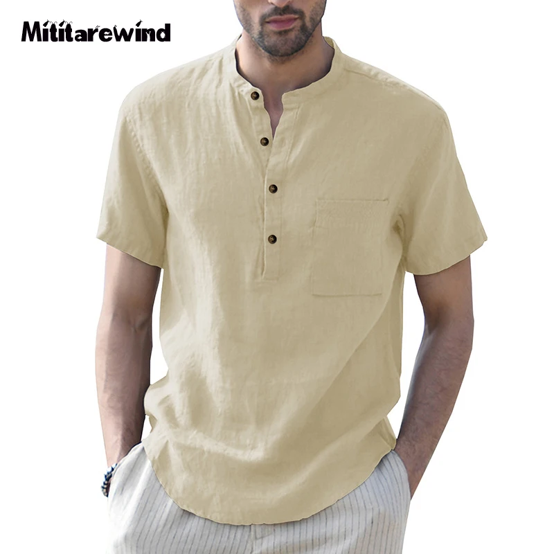 

Spring Summer Cotton Linen Shirt Men Leisure Short Sleeve Breathable Mens Shirts Casual Solid Color Pullover Half Cardigan Men