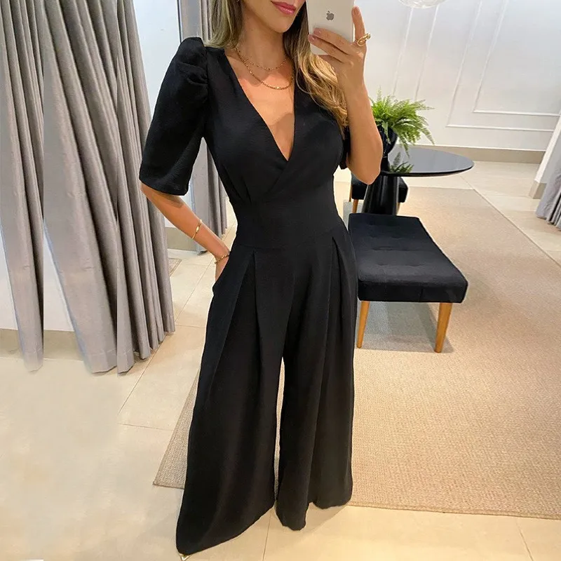 Fulkio Women Jumpsuit Short Lace Up High Waist Bubble Sleeve V Neck   Loose Wide Legs Casual Pants Purity Romper High Streetwear