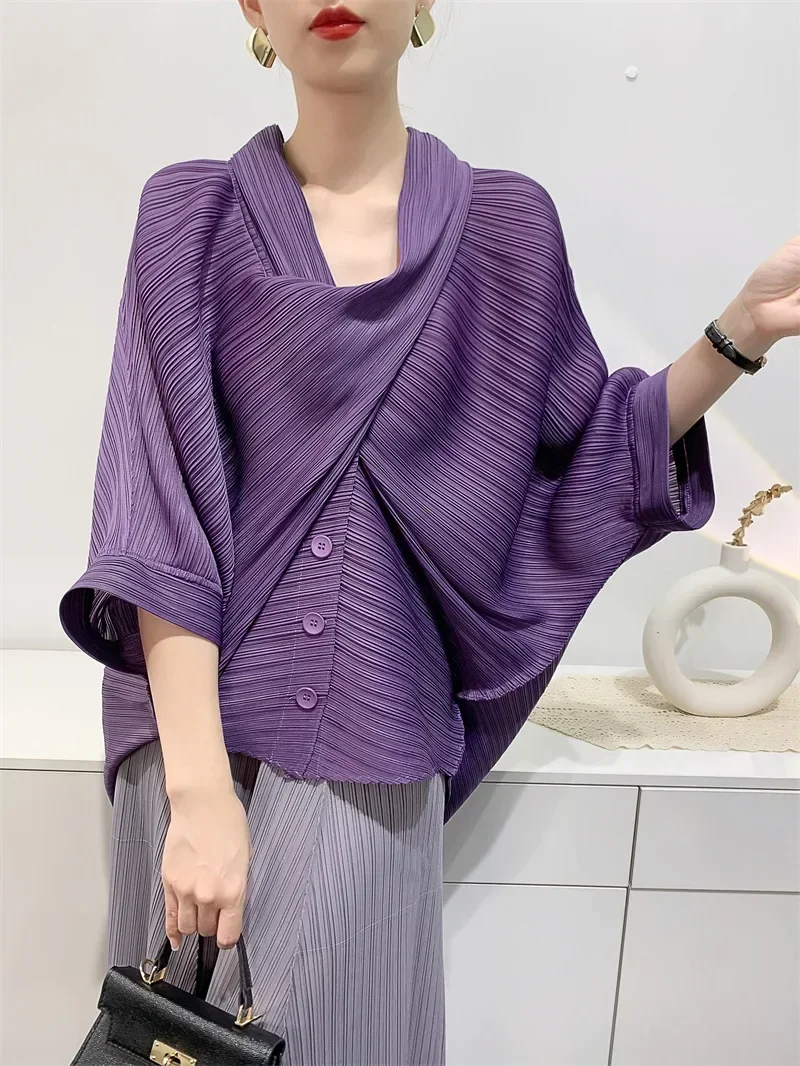 Фото Оригинальная плиссированная короткая куртка ALSEY Miyake для женщин, весна-лето 2024, новинка, Свободный Повседневный Топ с рукавом в семь минут и воротником-шарфом №5