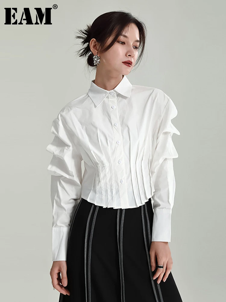 

[EAM] Women White Pleated Elegant Shaped Blouse New Lapel Long Sleeve Loose Fit Shirt Fashion Tide Spring Autumn 2023 1DF2415