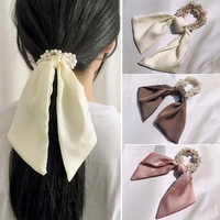 fashion pearl bow knotted scrunchie satin silk streamers hair ring elegant women ponytail holder hair accessories headwear %eb%a8%b8%eb%a6%ac%eb%81%88