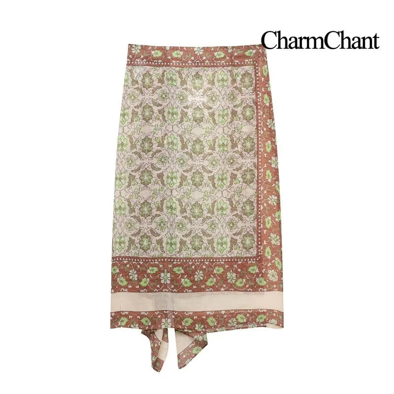 Фото CHARMCHANT Женская винтажная юбка-миди с цветочным принтом, асимметричным разрезом, завязками на талии, в стиле бохо, длинная, лето 2026 №2