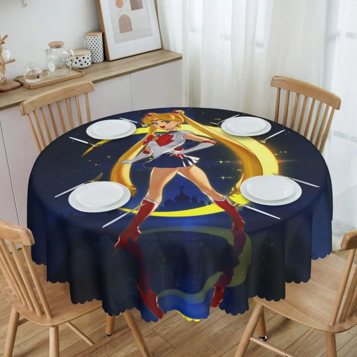 

Round Oilproof Japanese Shojo Manga Sailor Table Cover Anime Moon Girl Tablecloth for Picnic 60 inches Table Cloth