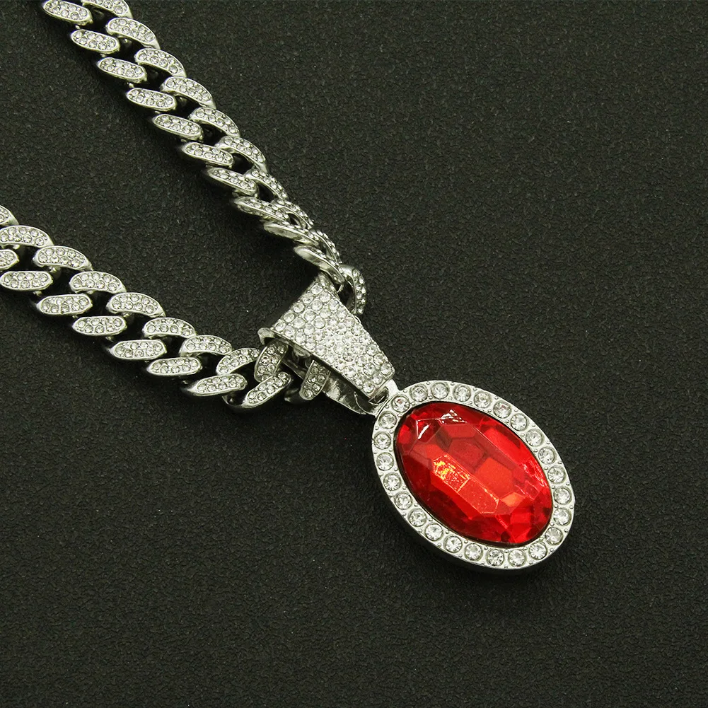 

Iced Out Cuban Chains Bling Diamond Red Stone Ruby Rubine Rhinestone Pendants Mens Necklaces Chain Charm Jewelry for Men Choker
