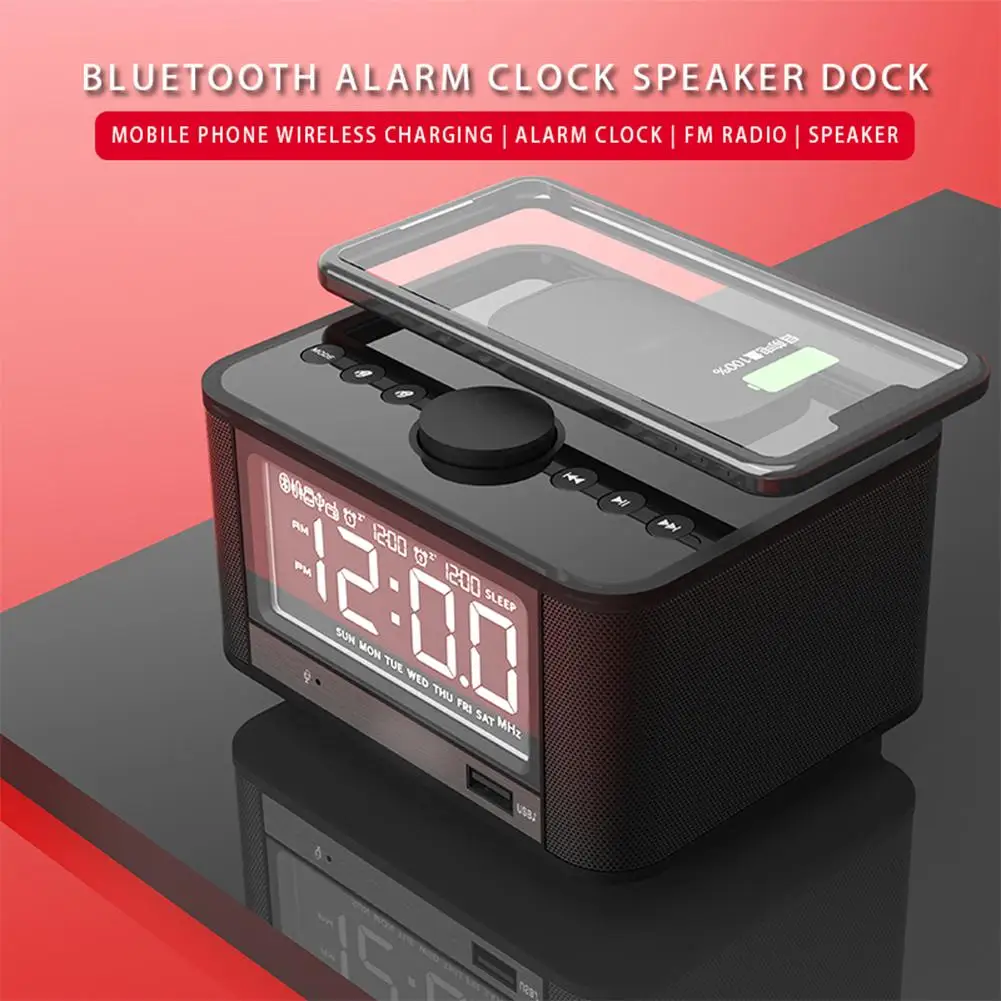 3 IN 1 LED Electric Alarm Clock With Wireless Phone Charger Desktop Digital Thermometer Clock USB Bluetooth-compatible Speaker