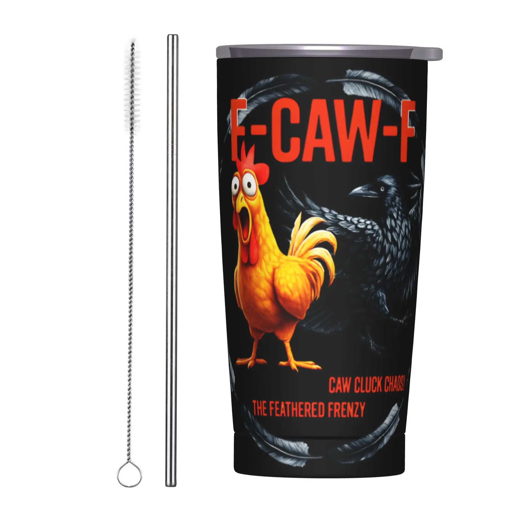 Фото Термокружка F-Caw-F Chicken FCAWF с соломинкой и крышкой, вакуумная, с двойными стенками, непроливаемая, 20 унций №1