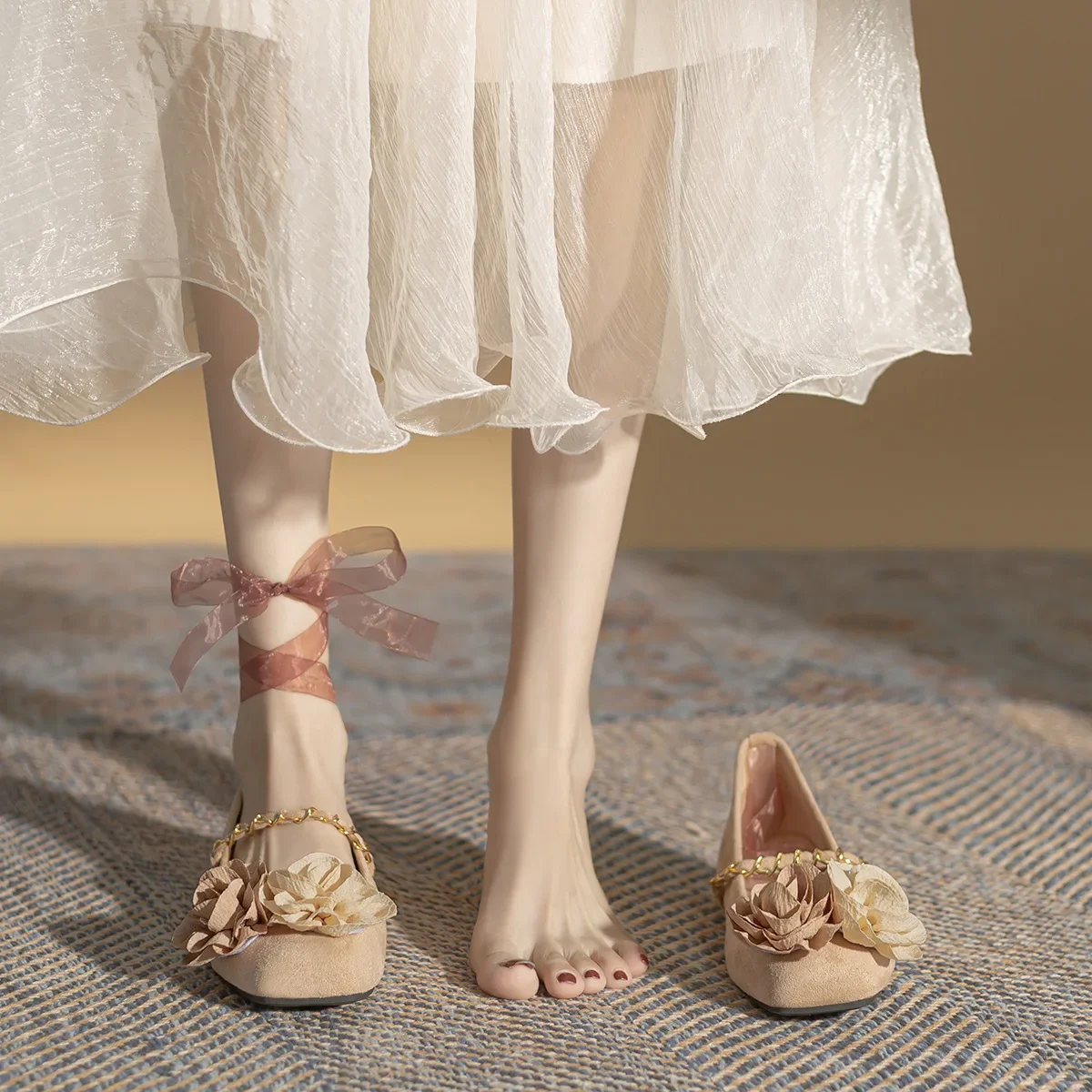 

Spring Autumn Chinese Style Flower Mary Jane Shoes Women's Maillard Shoes Flat Bottom Low Heel Ballet Shoes Sneaker Adult Flats
