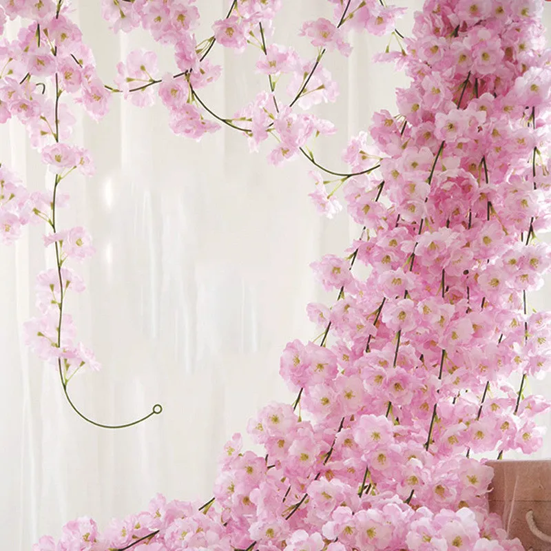 

1pcs 135 Flower Head Sakura 1.8m Artificial Cherry Blossom Vine Rattan Wall Hanging Garlands DIY Wreath Wedding Arch Home Decor