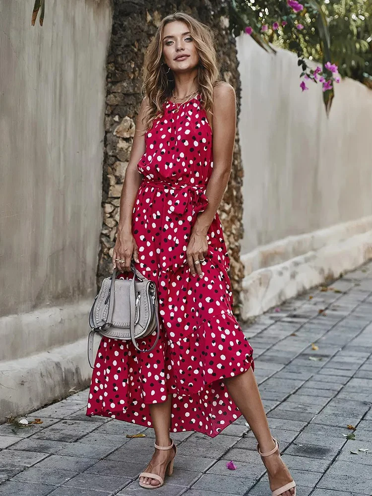 

Trendeez Casual Ruffled Polka-Dot O-Neck A-Line Ankle Dress
