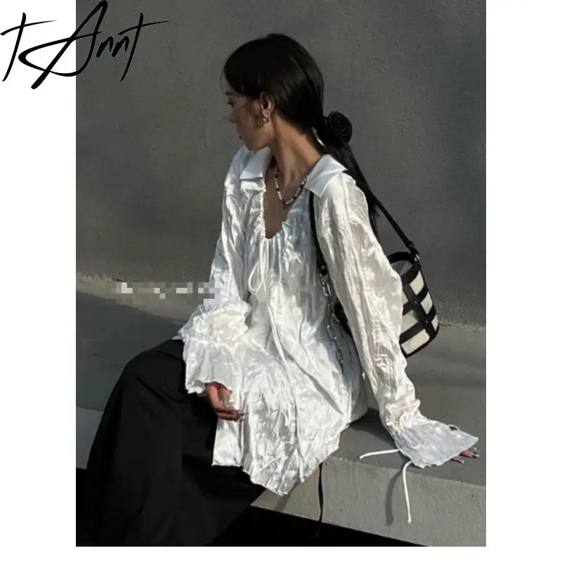 TANNT Женская рубашка 2024 осенняя с v-образным вырезом и длинным рукавом водная рябь