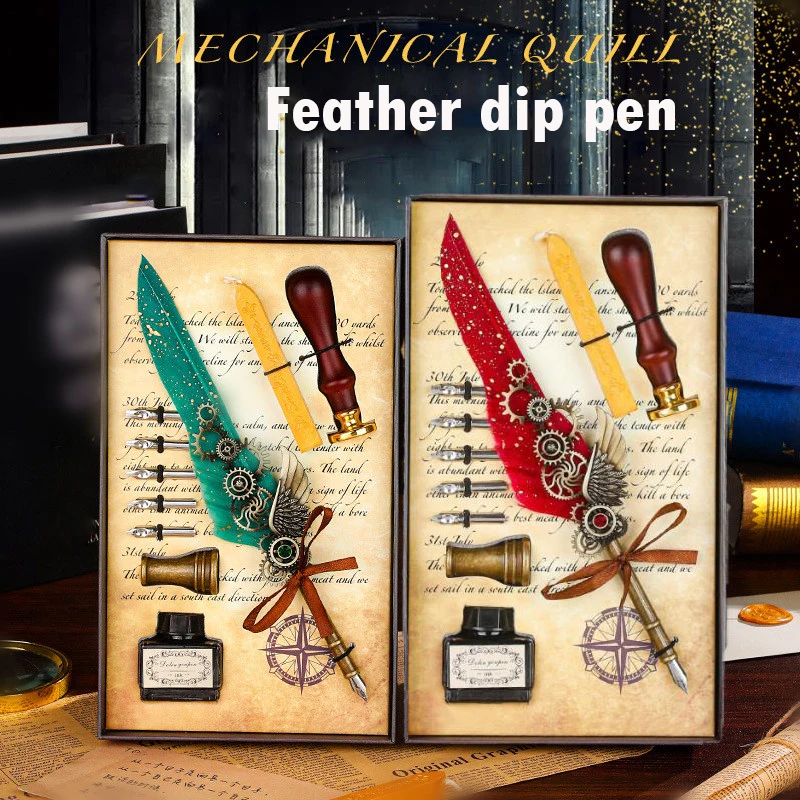 

Vintage Antique Feather Dip Pen Kit Retro Wooden Dip Pen Set Classic Wax Seal Stamp Kit for Calligraphy Art Words Gifts