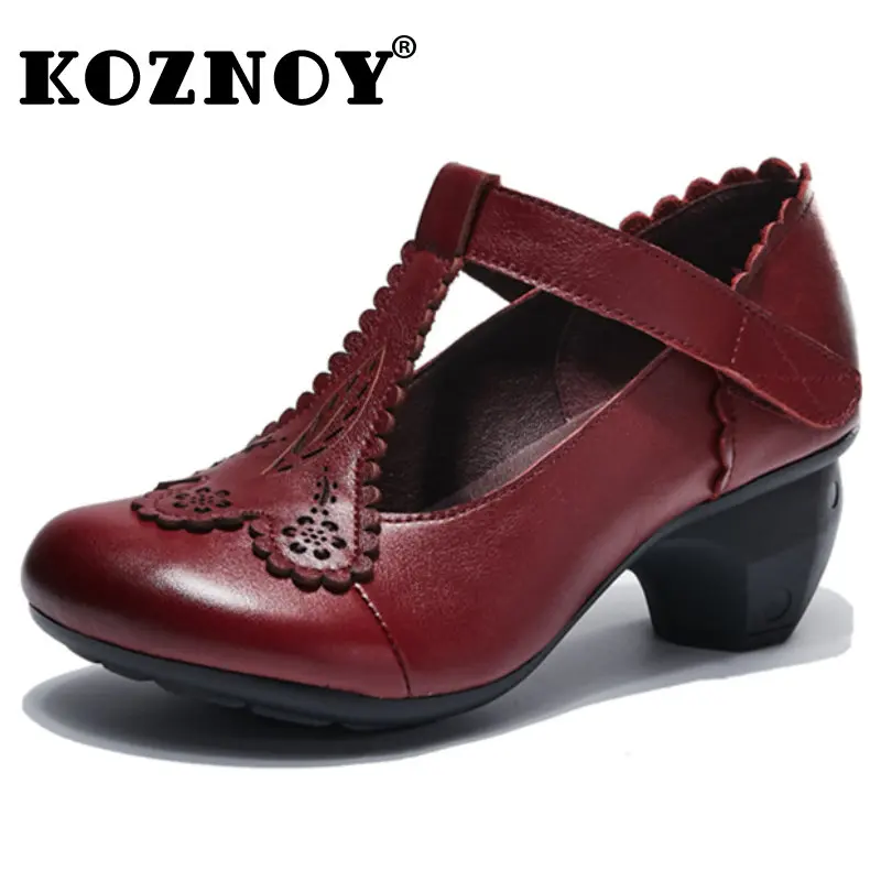 

Koznoy Fasinators for Women Round Toe 5cm Retro Ruffles Genuine Leather Pumps Summer Autumn Hook Rubber Soles Moccasins Shoes