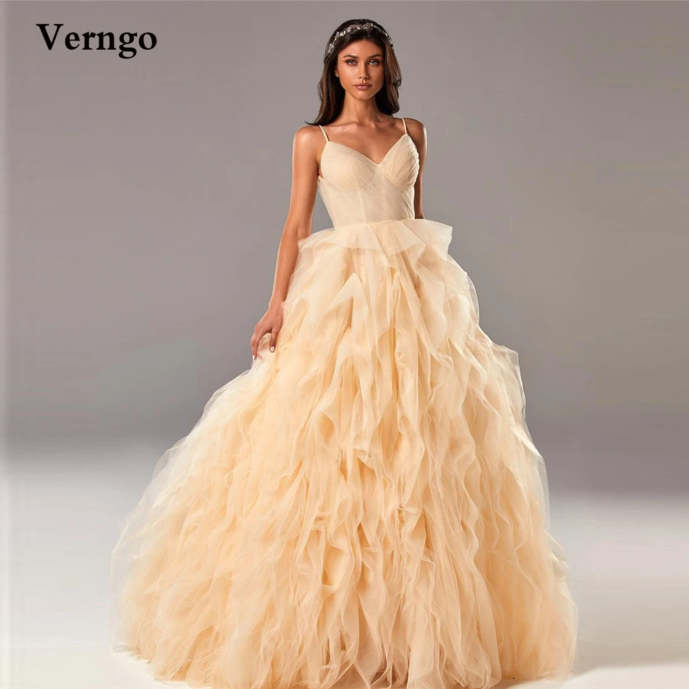 

Verngo Luxury Ruffles Skirt Champagne Prom Dresses Spaghetti Straps Sweetheart Tulle Purple Dusty Pink Evening Gowns Vestidos