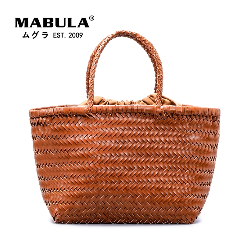 MABULA Retro Genuine Leather Handwoven Tote Handbag with Clutch Purses Large Capacity Summer Beach Bags