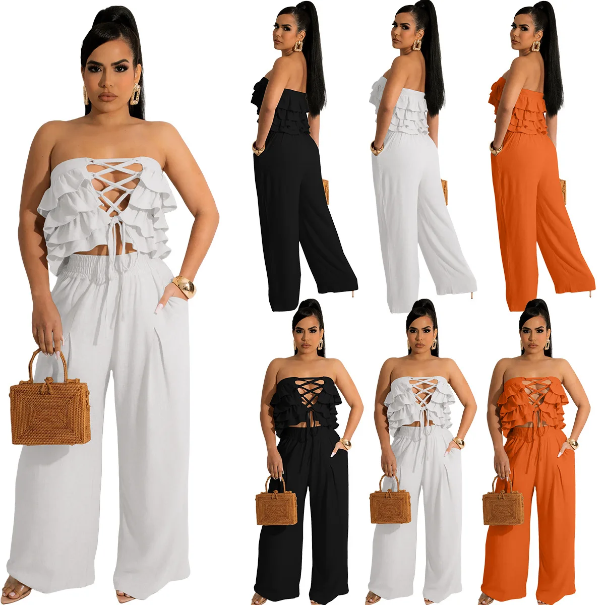 

JR3675 Summer Sexy Outfits for Woman 2022 New Fashion Solid Color Pants Sets Strapless Lace-up Sexy Women Clothing 2 Pieces Set