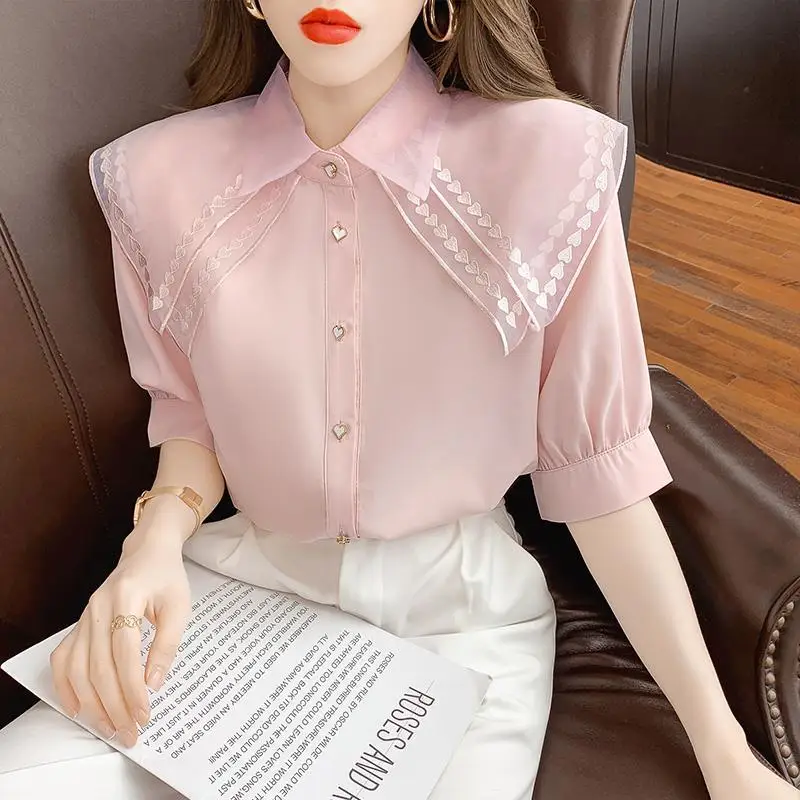 

Double -layer doll collar chiffon blouse female design sense niche 2022 summer super fairy top sweet foreign blouse female tops