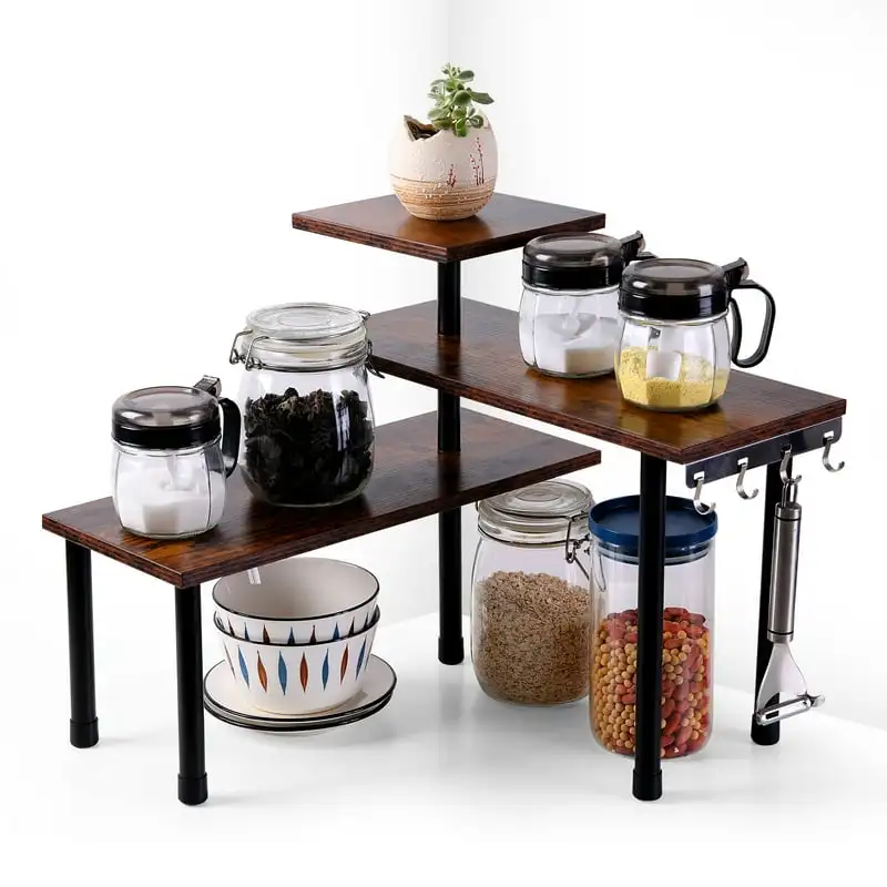 

Tier Kithen Countertop Organizer,Bamboo Corner Shelf,Bathroom Storage Display Counter Shelves for Make Up,Dresser Table with Hoo