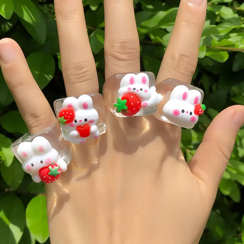 

Korean Vintage Geometry Rabbit with Strawberry Rings For Women Girl Colorful Resin Cute Bunny Cartoon New Trend Gift Jewelry
